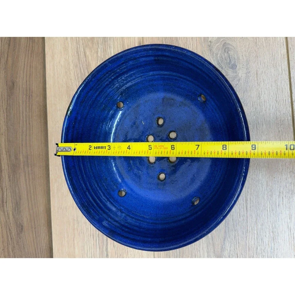 Artisan Cobalt Blue Berry Collander Strainer Handmade Thrown Pottery - Signed